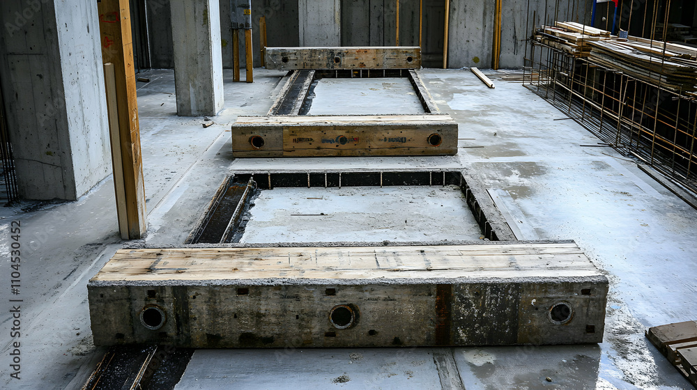 Construction Site: Wooden Forms for Concrete Pouring in Progress Construction Site: Wooden Forms for Concrete Pouring in Progress