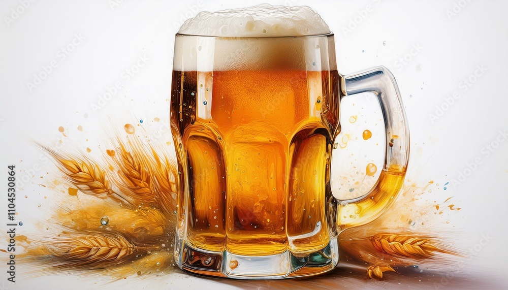 Golden yellow beer in a classic wheat beer glass, presented on a bed of freshly harvested grain on a white background