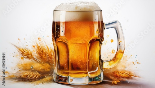 Obraz na płótnie Golden yellow beer in a classic wheat beer glass, presented on a bed of freshly harvested grain on a white background w salonie
