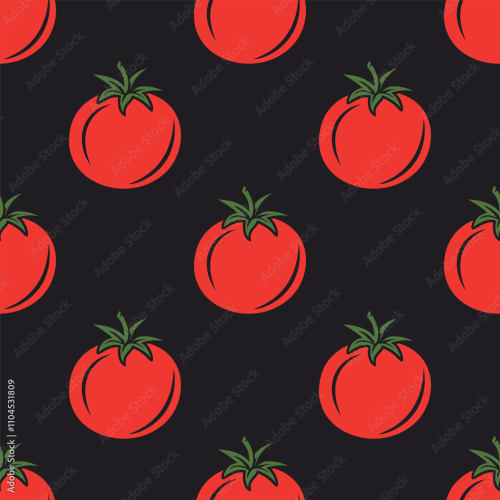 Vector Seamless Pattern with Whole Red Tomato on Black Background. Fresh Tomato Print for Textile, Paper Vector Seamless Pattern with Whole Red Tomato on Black Background. Fresh Tomato Print for Textile, Paper