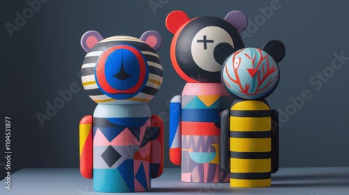 Colorful Abstract Wooden Bear Figurines Display