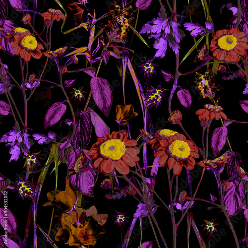 wildflowers in intense, strong colors on a black background, fashionable seamless pattern