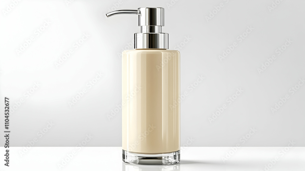 Creamy Beige Lotion Bottle with Chrome Pump Dispenser on White Background Creamy Beige Lotion Bottle with Chrome Pump Dispenser on White Background