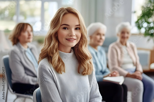 Smiling Young Woman Poses in Front of Blurry Background of Older Women in a Calm Setting