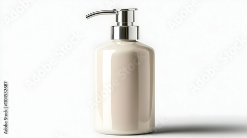 3D Render of Beige Lotion Bottle with Silver Pump Dispenser, Clean and Minimalist Product Mockup