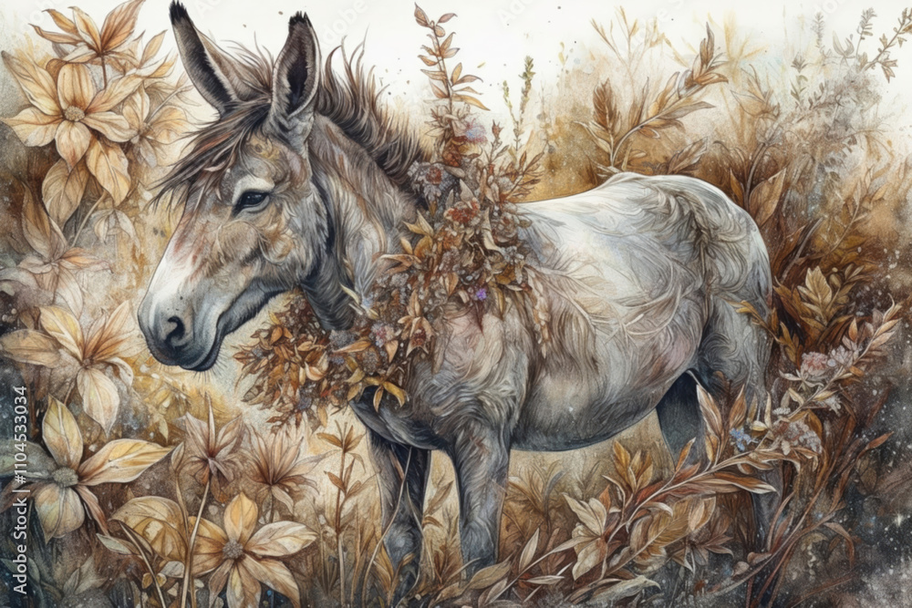 donkey among withered grass in the steppe., watercolor style, donkey among withered grass in the steppe., watercolor style,