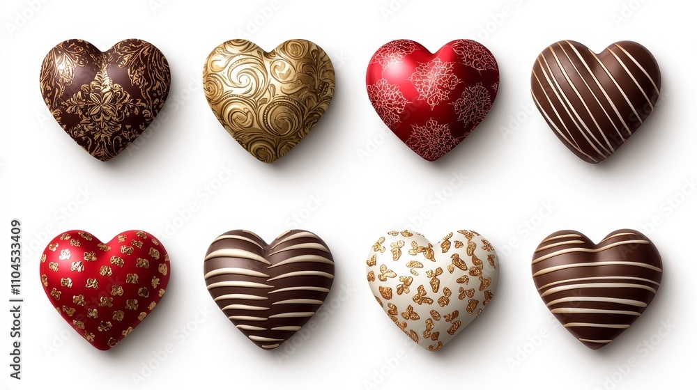Cute vector chocolate hearts wrapped in red and gold foil, isolated on a white background, vibrant colors, playful and romantic Cute vector chocolate hearts wrapped in red and gold foil, isolated on a white background, vibrant colors, playful and romantic