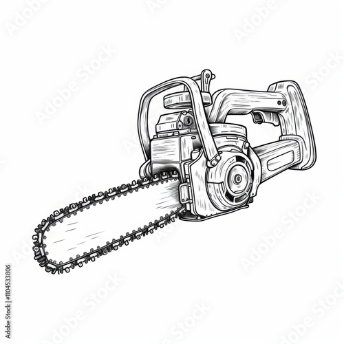 Detailed illustration of a chainsaw, showcasing a realistic design and intricate parts in sharp monochrome.