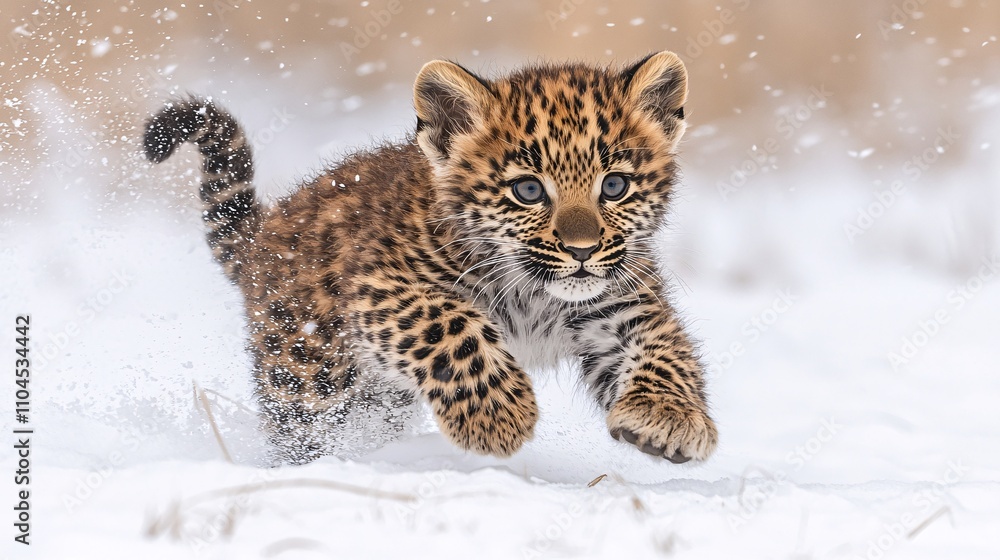 close-up Leopard Cub Playing in the Snow, snow-capped mountains, close-up Leopard Cub Playing in the Snow, snow-capped mountains,