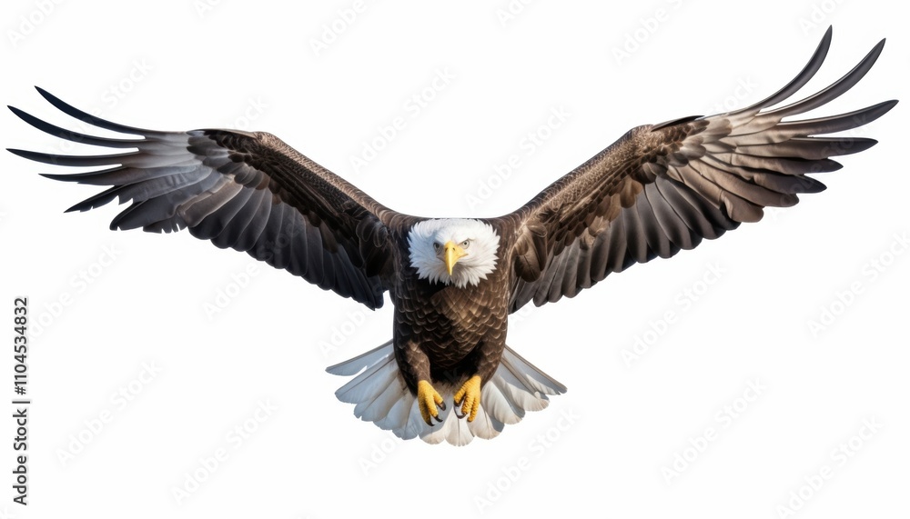 A majestic bald eagle in mid-flight, showcasing its impressive wingspan and striking white head. A majestic bald eagle in mid-flight, showcasing its impressive wingspan and striking white head.
