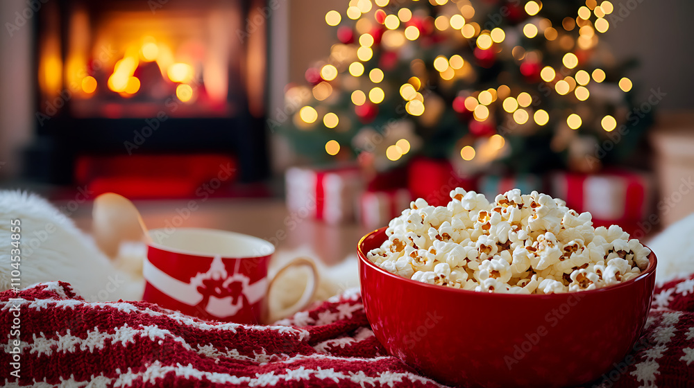 A red bowl of popcorn sits on a red blanket next to a fireplace A red bowl of popcorn sits on a red blanket next to a fireplace