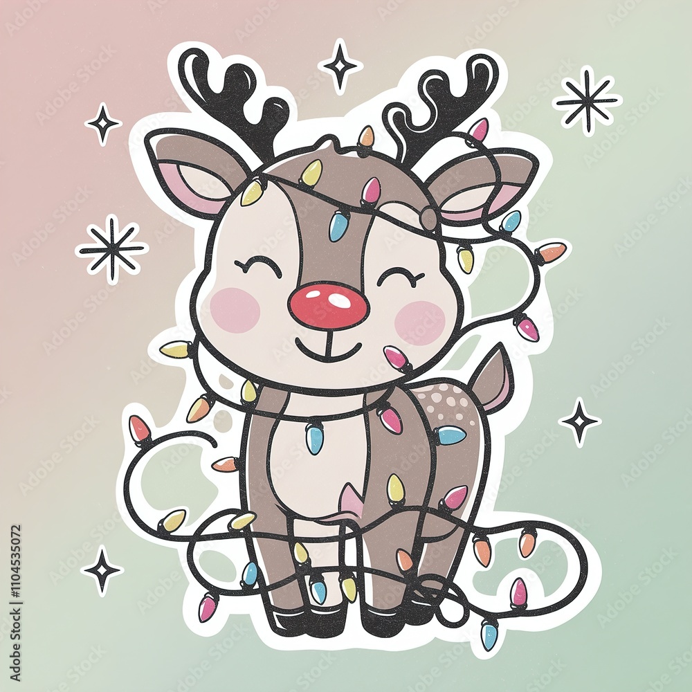illustration of a happy Christmas reindeer with tangled Christmas lights illustration of a happy Christmas reindeer with tangled Christmas lights