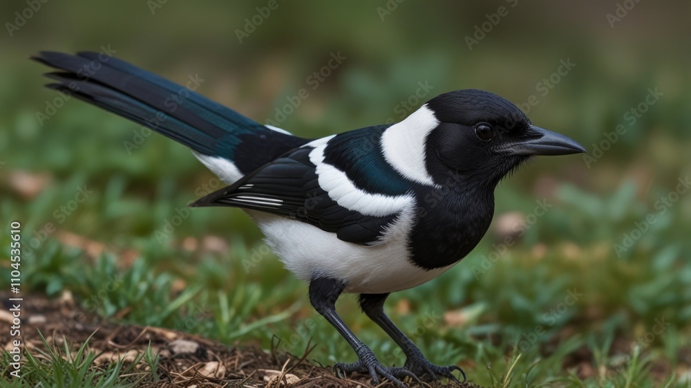 Eurasian magpie standing on ground, close-up. Eurasian magpie standing on ground, close-up.