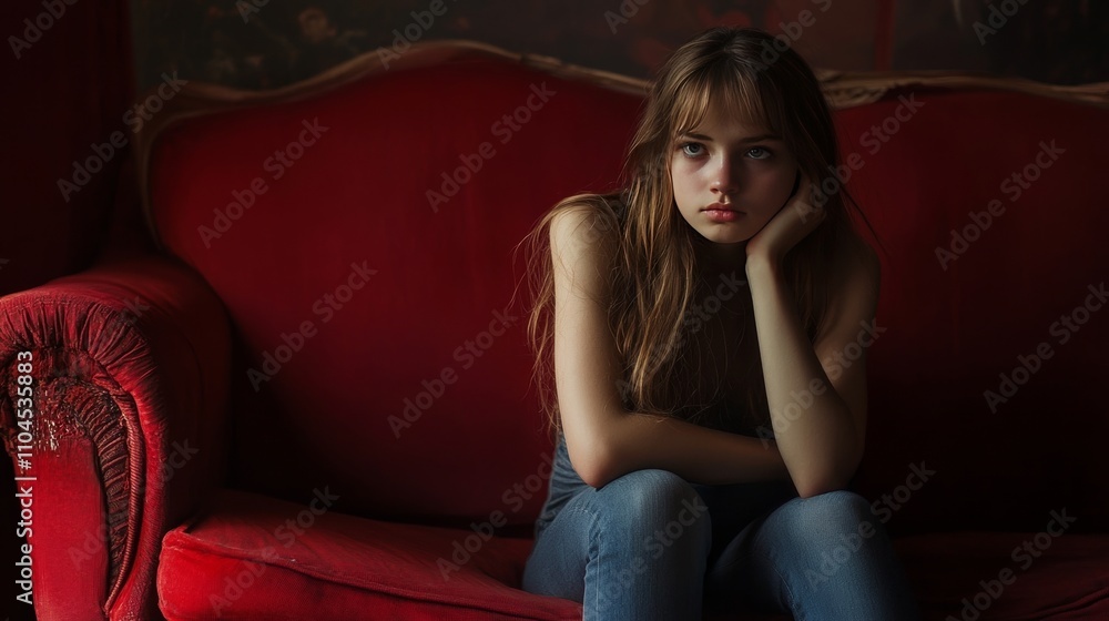 Girl on red couch, alone and sad. Girl on red couch, alone and sad.