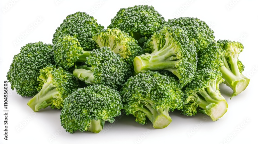 Fresh organic broccoli, high detail in florets, dynamic composition, vibrant colors, isolated on white background Fresh organic broccoli, high detail in florets, dynamic composition, vibrant colors, isolated on white background