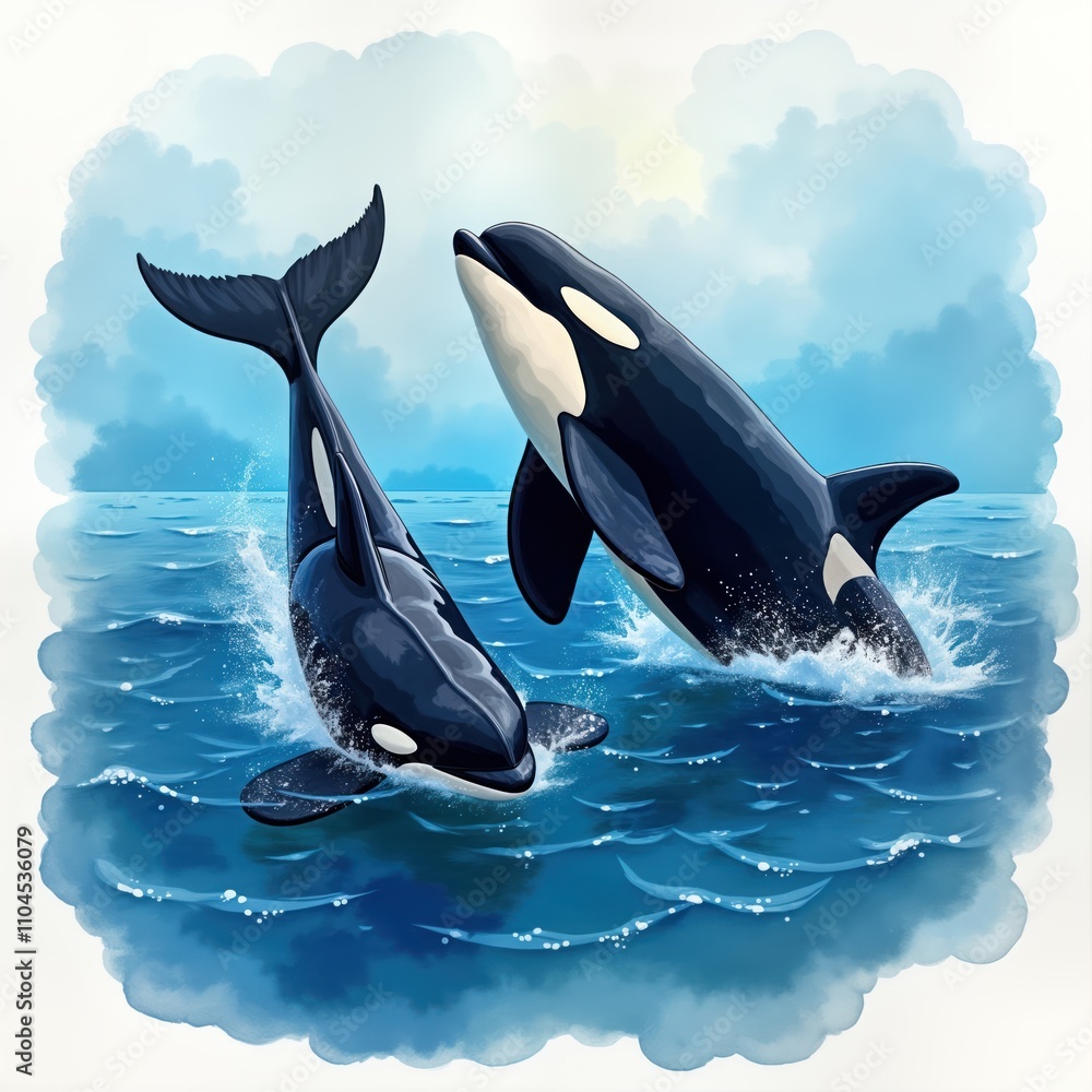 Obraz premium Two killer whales jump high in ocean water. Ocean wildlife scene. Marine mammals in nature. Powerful creatures in aquatic environment. Sea life illustration. Wildlife photo. Nature scene. Ocean