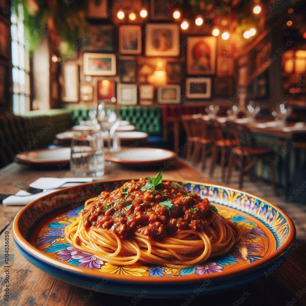 Fototapeta premium Delicious Spaghetti Bolognese on a Colorful Ceramic Plate in Cozy Italian Restaurant