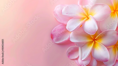 A close-up of delicate pink and yellow plumeria flowers against a soft pink background, evoking tranquility and beauty.