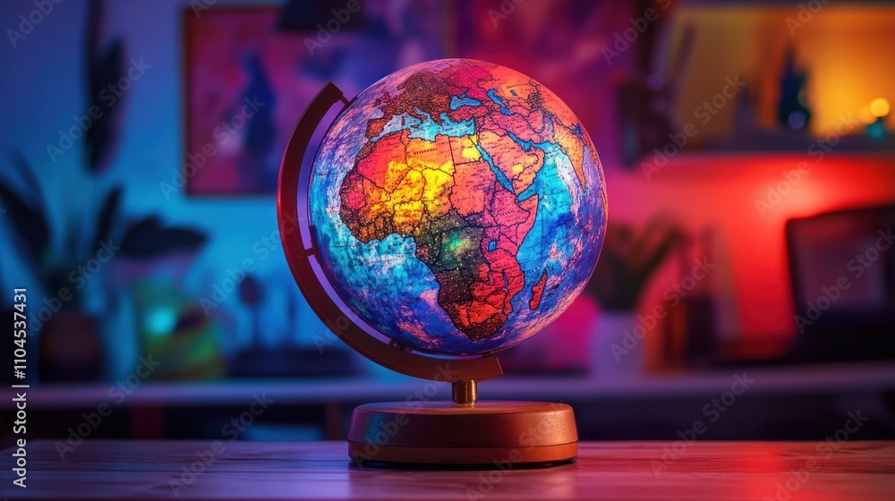 A vibrant, detailed globe on a wooden stand, illuminated by soft studio lighting, set against a colorful modern background. Perfect for travel or education themes. A vibrant, detailed globe on a wooden stand, illuminated by soft studio lighting, set against a colorful modern background. Perfect for travel or education themes.