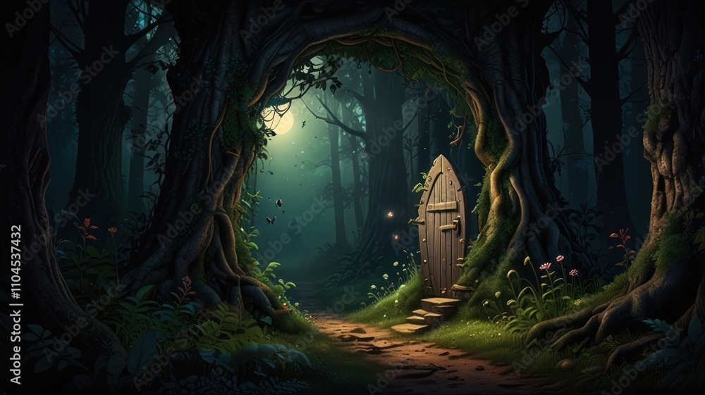 Enchanting moonlit forest path leads to mystical wooden door. Enchanting moonlit forest path leads to mystical wooden door.