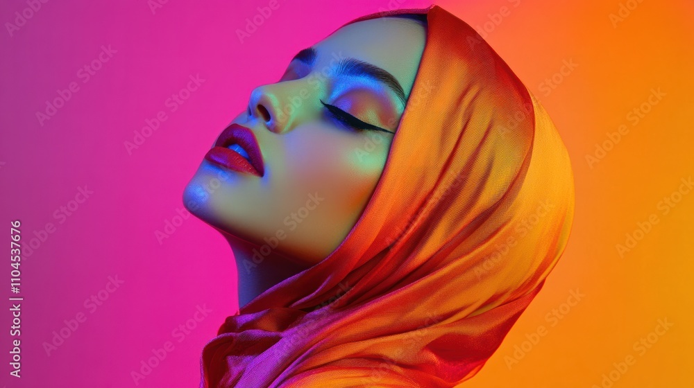A woman elegantly wearing a hijab in vibrant colors, styled in a modern and chic studio setting. Perfect for fashion and cultural diversity themes A woman elegantly wearing a hijab in vibrant colors, styled in a modern and chic studio setting. Perfect for fashion and cultural diversity themes