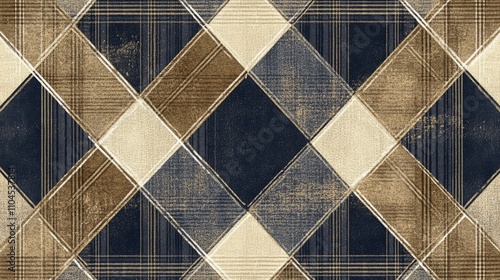 Abstract Diamond Plaid Textured Geometric Composition in Beige, Brown and Navy