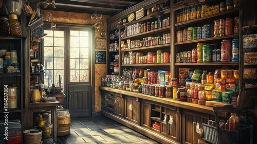 An antique grocery shop with wooden shelves filled with vintage cans, glass jars, and colorful packaging, evoking nostalgia in warm light.