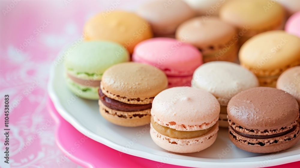 Colorful and elegant macarons on a white plate, perfect for dessert displays
Colorful and elegant macarons on a white plate, perfect for dessert displays