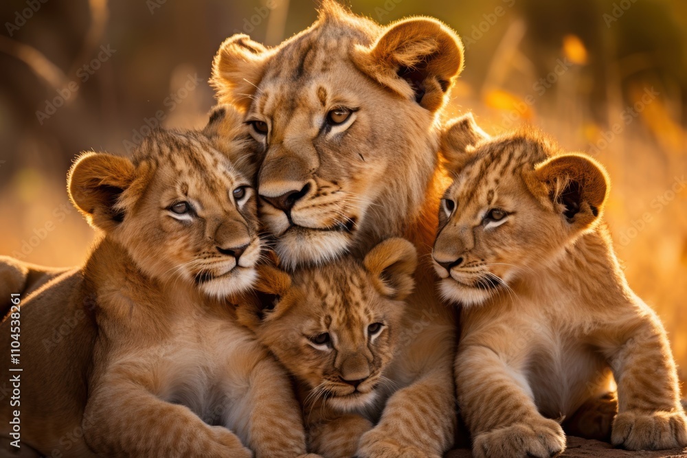 A serene moment of a lioness with her three playful cubs A serene moment of a lioness with her three playful cubs