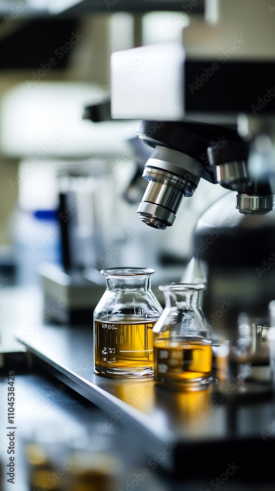 Laboratory Glassware and Microscope Close-Up in Scientific Research Environment : Generative AI Laboratory Glassware and Microscope Close-Up in Scientific Research Environment : Generative AI