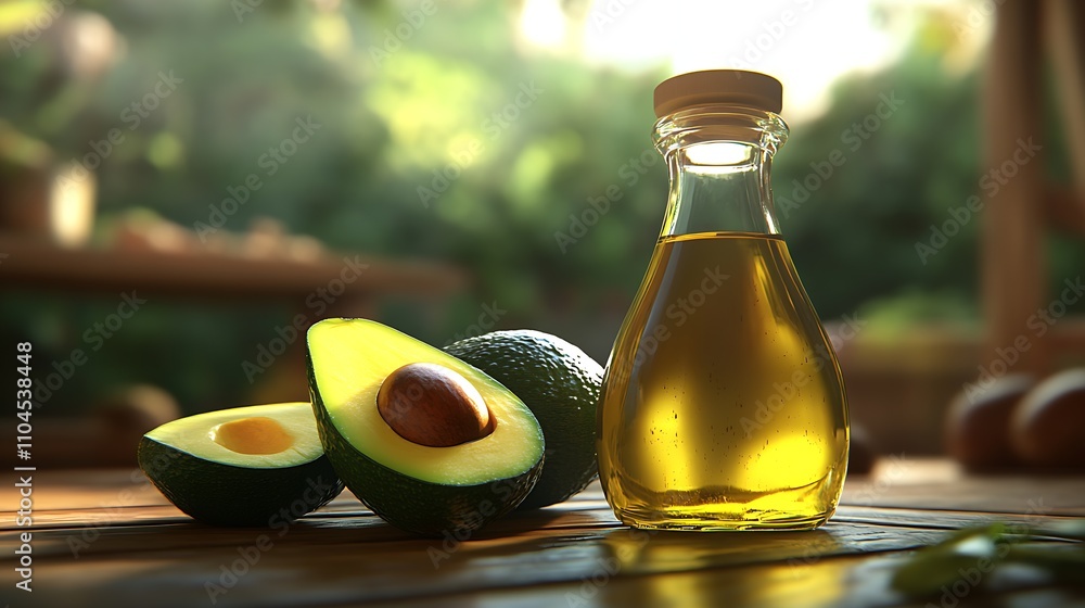 Organic Avocado Oil with Fresh Avocados in Rustic Kitchen Setting : Generative AI Organic Avocado Oil with Fresh Avocados in Rustic Kitchen Setting : Generative AI