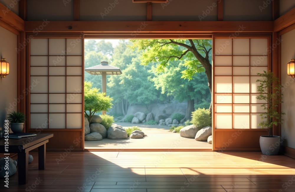 Japanese home interior with natural light streaming into serene garden panorama. Wooden sliding doors reveal tranquil landscape. Simple decor, warm light create peaceful ambiance. Simple wooden Japanese home interior with natural light streaming into serene garden panorama. Wooden sliding doors reveal tranquil landscape. Simple decor, warm light create peaceful ambiance. Simple wooden