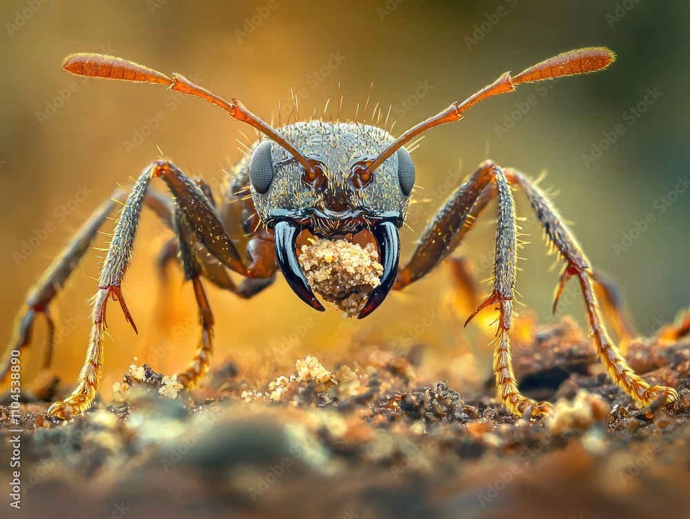 Fototapeta premium Close-up of a large ant carrying food, showcasing its mandibles and detailed texture.