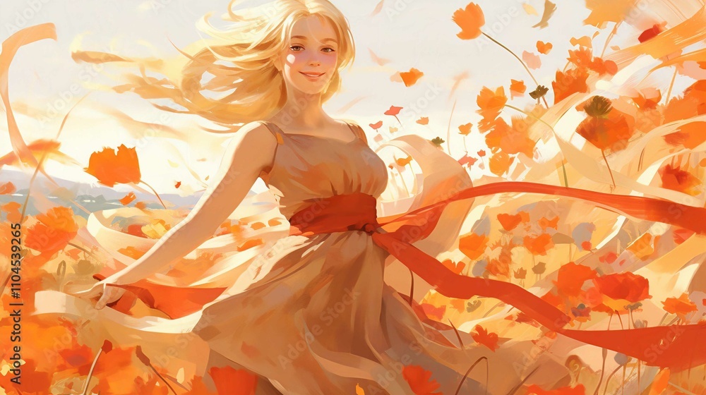 Autumn Fairy Woman in Fashionable Beauty Illustration with Colorful Leaves and Flowers