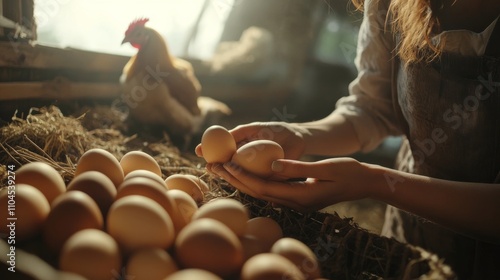 Hand gathering eggs from henhouse