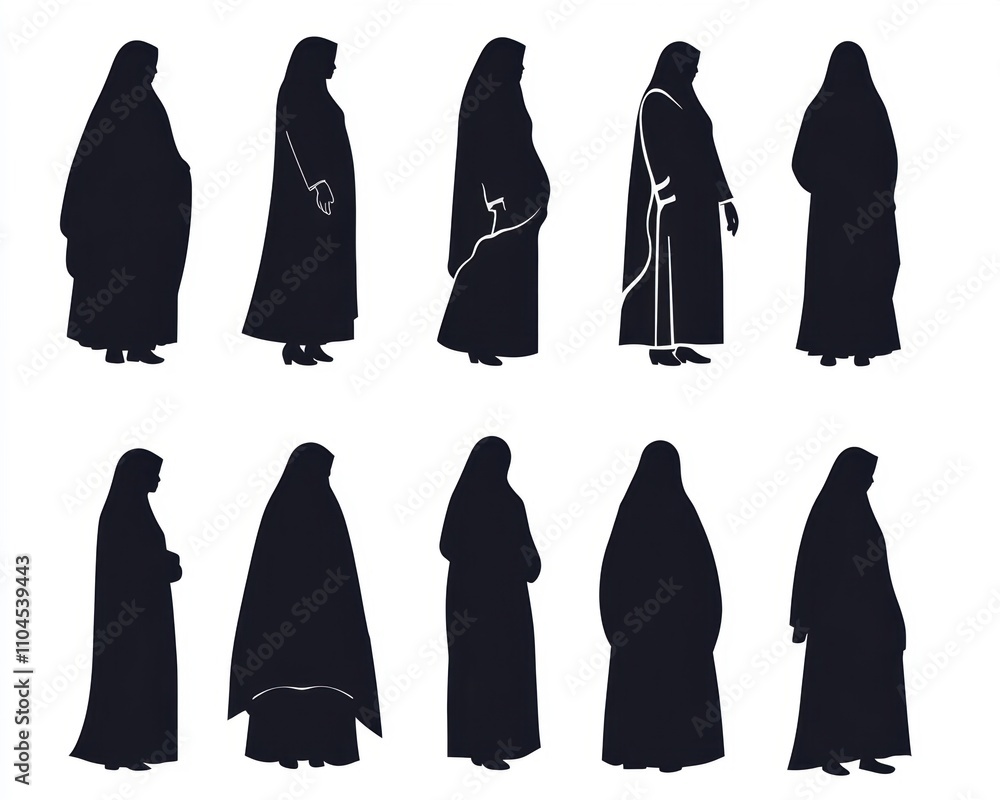 Silhouette collection of women wearing traditional hijabs, showcasing diverse poses and styles. Silhouette collection of women wearing traditional hijabs, showcasing diverse poses and styles.