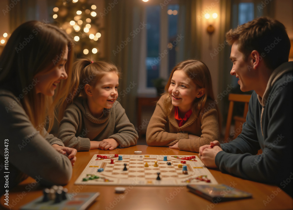 Fototapeta premium Happy family having fun playing board game at home in the evening