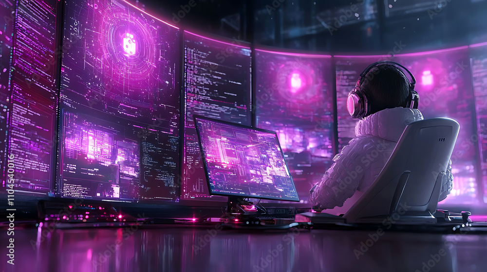 cyberpunk inspired scene featuring person in headphones, immersed in high tech environment with multiple screens displaying vibrant pink data and code. atmosphere is futuristic and digital cyberpunk inspired scene featuring person in headphones, immersed in high tech environment with multiple screens displaying vibrant pink data and code. atmosphere is futuristic and digital