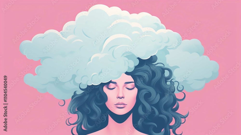 Elegant Floral Woman Illustration in Pink with Glamorous Hairstyle and Heart Design