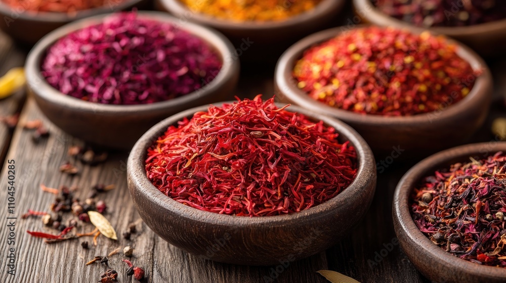 Collection of vibrant dried spices in small wooden bowls on rustic wooden surface. Collection of vibrant dried spices in small wooden bowls on rustic wooden surface.