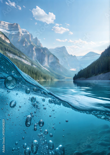 Split view of mountain lake and underwater bubbles in clear water