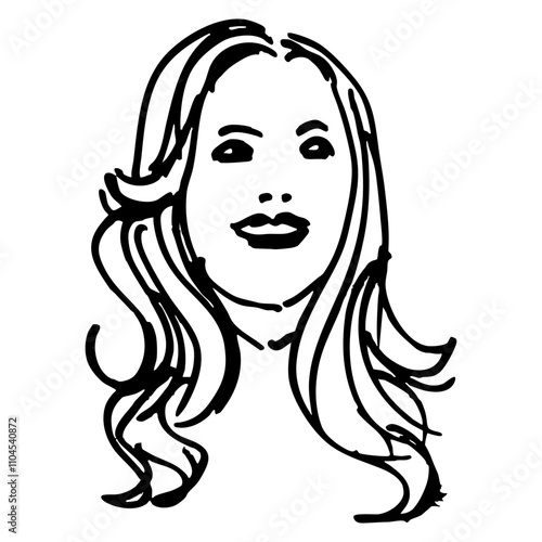 Head of a pretty blonde woman with long loose hair. Portrait of a happy smiling girl. Beautiful female face. Hand drawn linear doodle rough sketch. Black and white silhouette.