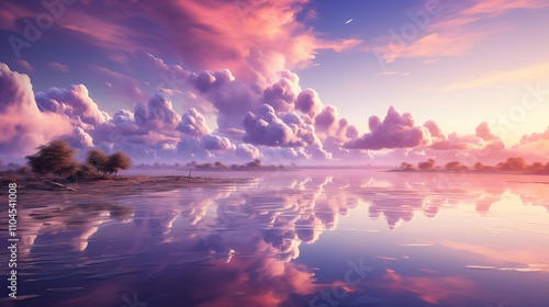 A surreal landscape with soft, fluffy purple cumulus clouds floating in a dreamlike sky, creating an otherworldly and aesthetic atmosphere. photo