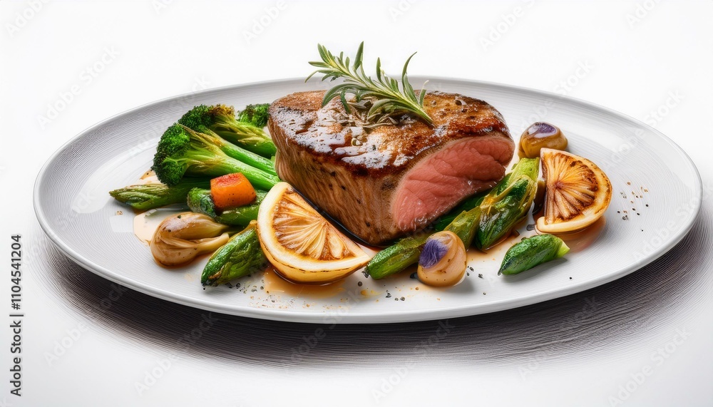 Gourmet steak with grilled vegetables and a delicate herb butter on a white background Gourmet steak with grilled vegetables and a delicate herb butter on a white background