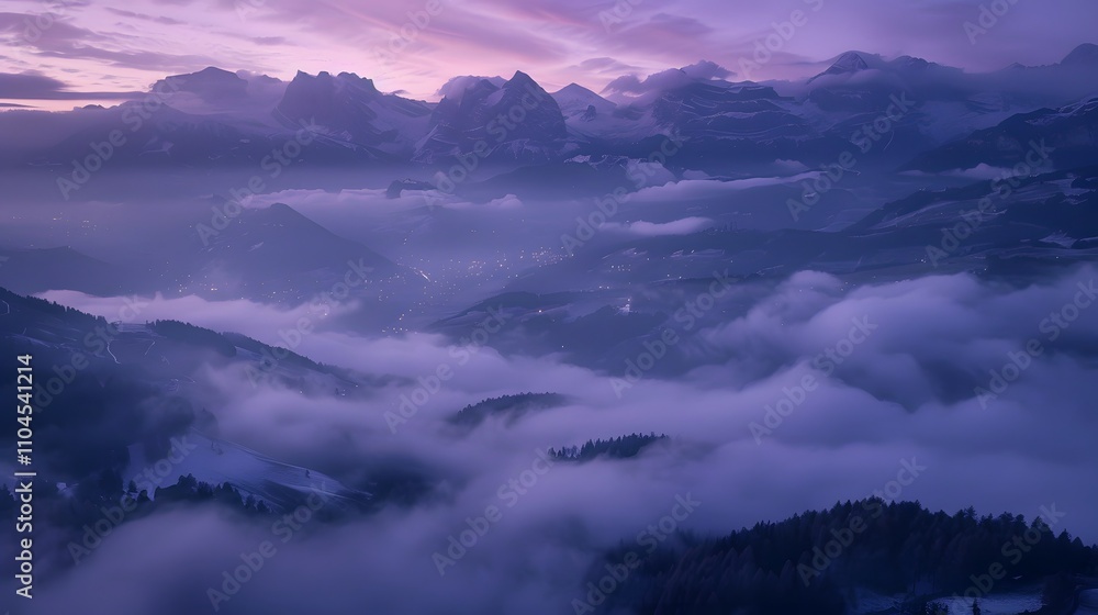 Majestic Mountains Enveloped in Purple Twilight Mist Majestic Mountains Enveloped in Purple Twilight Mist