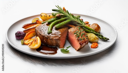 Gourmet steak with grilled vegetables and a delicate herb butter on a white background