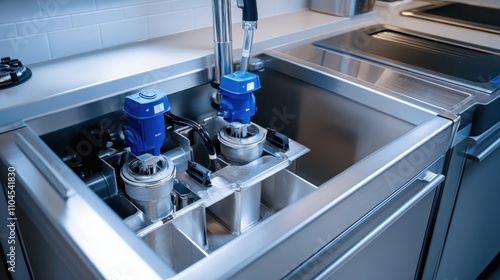 A clean and modern grease trap installation in a kitchen setup, highlighted with stainless steel finishes and labeled components under bright light.