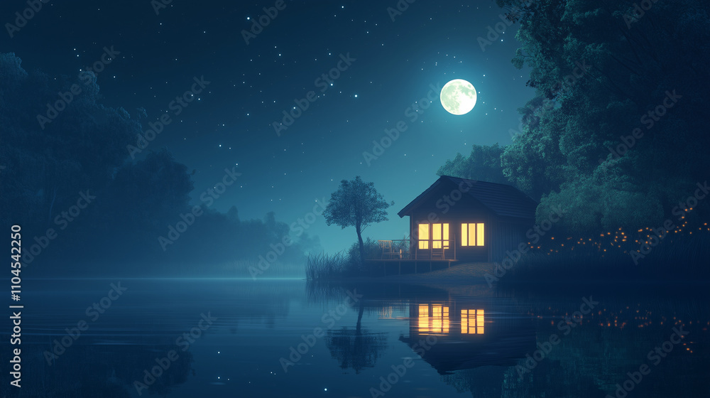Beautiful night view with a small house under the full moon and stars next to the river. Beautiful night view with a small house under the full moon and stars next to the river.