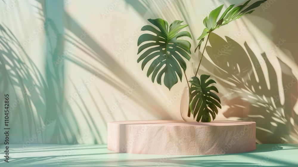 Tropical leaf shadow on circular pedestal in natural sunlight. Product display on pastel background. Tropical leaf shadow on circular pedestal in natural sunlight. Product display on pastel background.