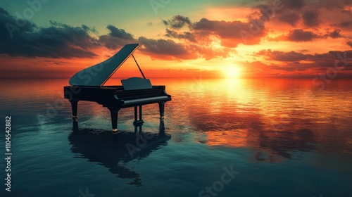 A grand piano placed elegantly on a serene ocean surface at sunset, vibrant reflections and dramatic lighting create a surreal,